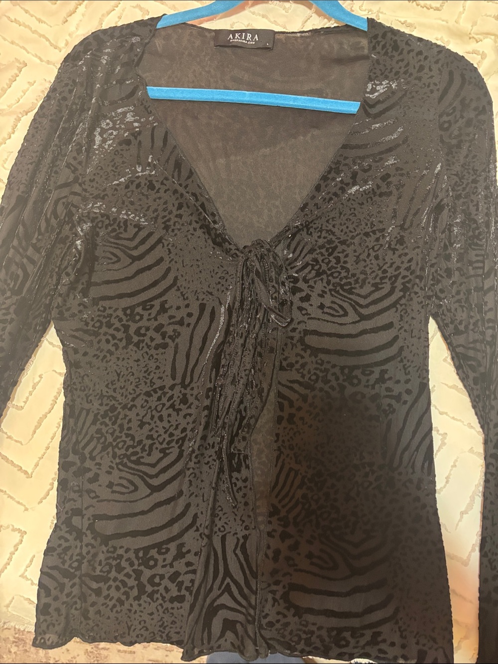 AKIRA Black Sheer Animal-Print Tie-Front Blouse